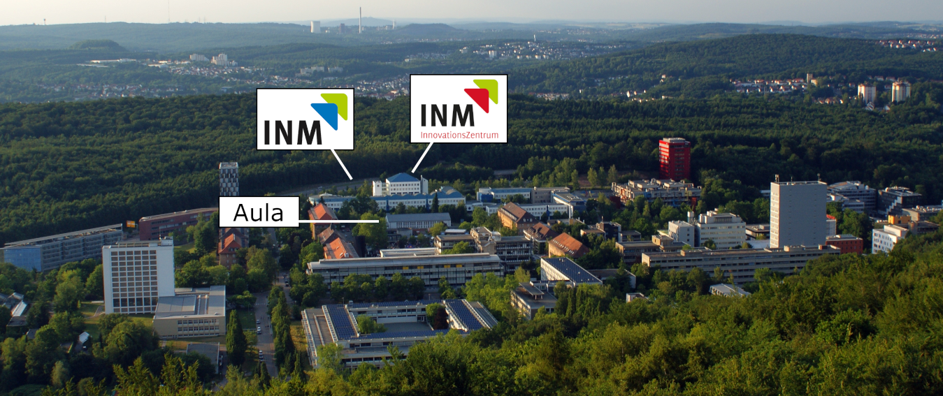 Campus of Saarland University; Landscape photo showing campus buidlings surrounded by forrest from above; Buildings of INM and venue are indicated in the image